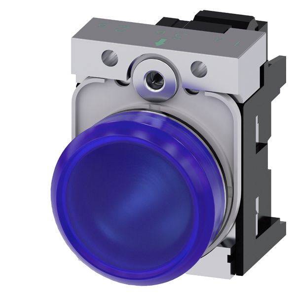Indicator light, 22mm, round, metal, shiny, blue, smooth lens, with holder, ledmodule, with integrated led 24V AC/DC, spring-type terminal
