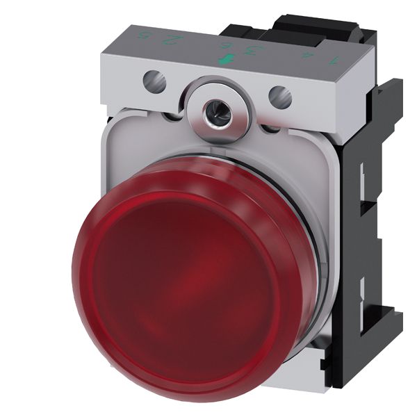 Indicator light, 22mm, round, metal, shiny, red, smooth lens, with holder, led module, with integrated led 110V AC, spring-type terminal