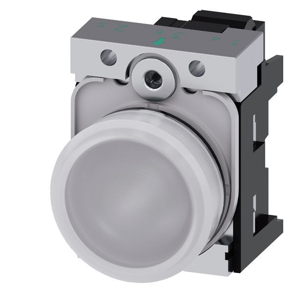 INDICATOR LIGHT, 22MM, ROUND, METAL, SHINY, WHITE, SMOOTH LENS, WITH HOLDER, LED MODULE, WITH INTEGRATED LED 230V AC, SPRING-TYPE TERMINAL