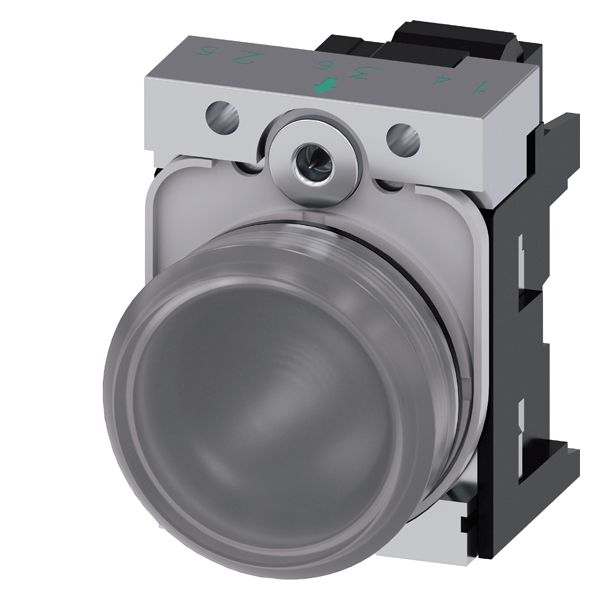INDICATOR LIGHT, 22MM, ROUND, METAL, SHINY, CLEAR, SMOOTH LENS, WITH HOLDER, LED MODULE, WITH INTEGRATED LED 230V AC, SPRING-TYPE TERMINAL