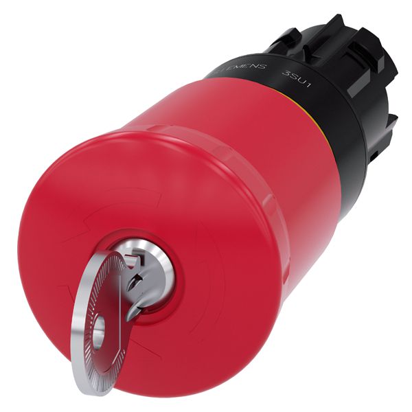 Em. stop mushroom pushbutton, 22mm, round, plastic, red, 40mm, with bks lock, lock no. s1, positive latching, key-operated release
