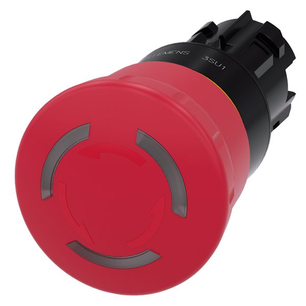 Ill. em. stop mushr. pushb., 22mm, round, plastic, red, 40mm, positive latching, rotate to unlatch