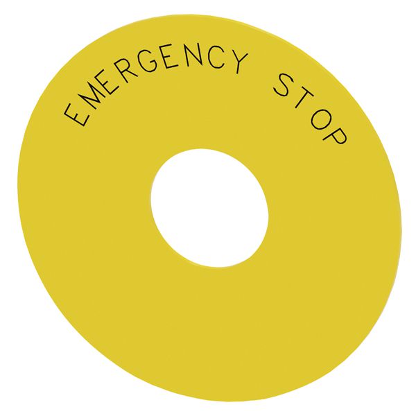 Round backing plate, for em. stop mush. pushbutton, yellow, self-adhesive, external diameter 75mm, internal diameter 23mm, with inscription emergency stop