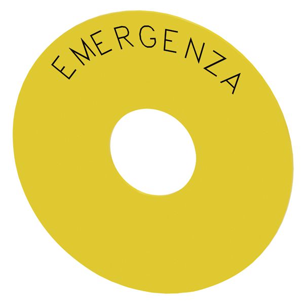 ROUND BACKING PLATE, FOR EM. STOP MUSH. PUSHBUTTON, YELLOW, SELF-ADHESIVE, EXTERNAL DIAMETER 75MM, INTERNAL DIAMETER 23MM, WITH INSCRIPTION EMERGENZA