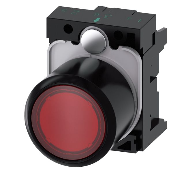 ILLUMINATED PUSHBUTTON, COMP., WITH EXTENDED STROKE (12MM), 22MM, ROUND, PLASTIC, RED TRANSPARENT, FLAT BUTTON, MOMENTARY CONTACT TYPE, WITH HOLDER