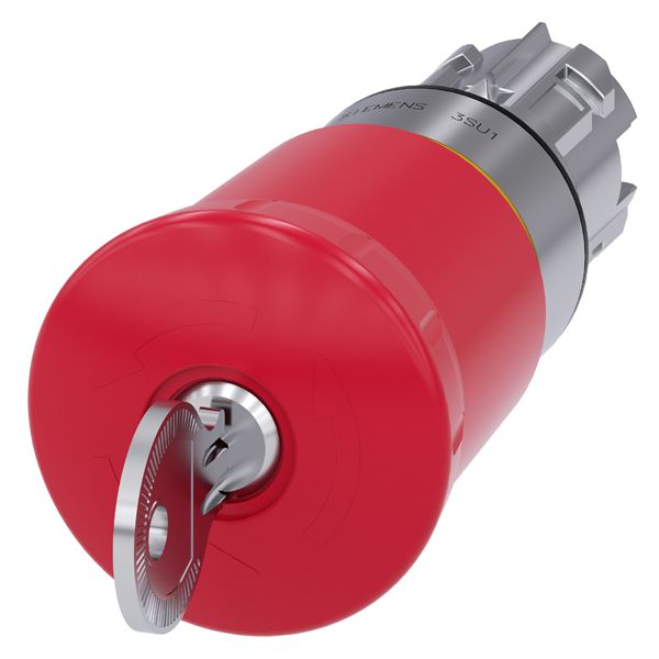 EM. STOP MUSHROOM PUSHBUTTON, 22MM, ROUND, METAL, SHINY, RED, 40MM, WITH BKS LOCK, LOCK NO. E9, POSITIVE LATCHING, KEY-OPERATED RELEASE
