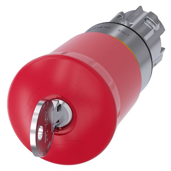 EM. STOP MUSHROOM PUSHBUTTON, 22MM, ROUND, METAL, SHINY, RED, 40MM, WITH IKON LOCK, LOCK NO. 360012K1, POSITIVE LATCHING, KEY-OPERATED RELEASE