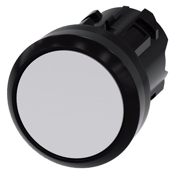 Pushbutton, 22mm, round, plastic, white, flat button, latching, push to unlatch