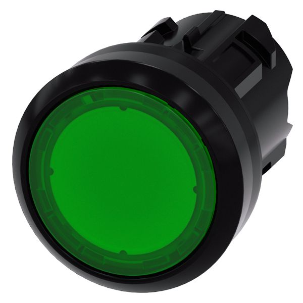 Illuminated pushbutton, 22mm, round, plastic, green, flat button, latching, push to unlatch