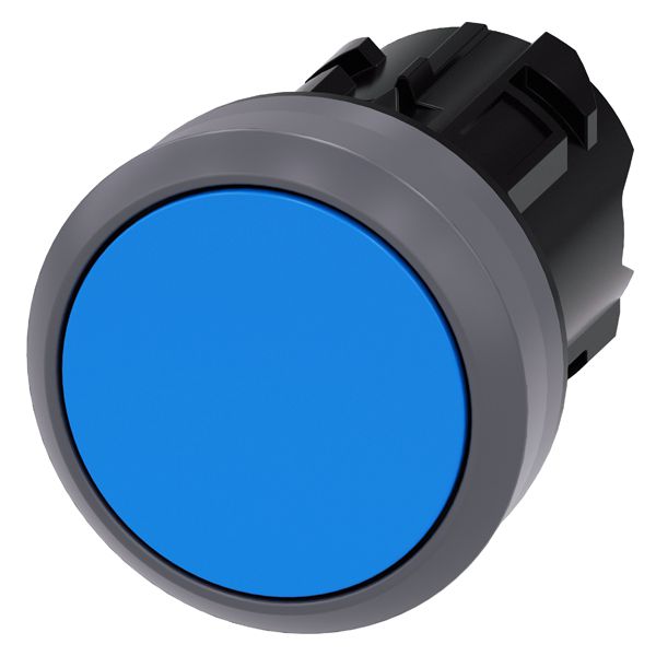 Pushbutton, 22mm, round, plastic with metal front ring, blue, flat button, latching, push to unlatch