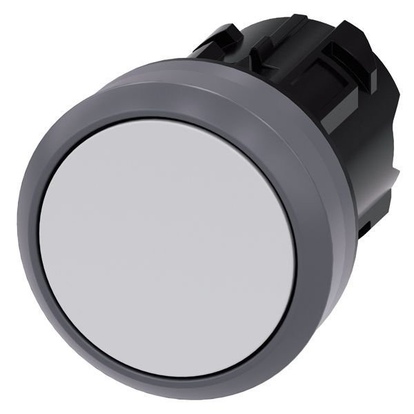 Pushbutton, 22mm, round, plastic with metal front ring, white, flat button momentary contact type
