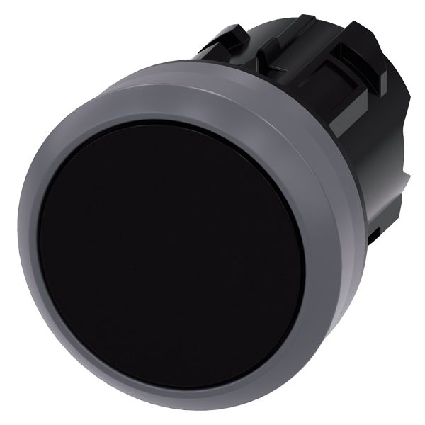 PUSHBUTTON, 22MM, ROUND, PLASTIC WITH METAL FRONT RING, BLACK, FLAT BUTTON, LATCHING, PUSH TO UNLATCH