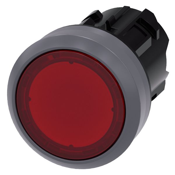 Illuminated pushbutton, 22mm, round, plastic with metal front ring, red, flat button momentary contact type