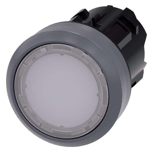 Illuminated pushbutton, 22mm, round, plastic with metal front ring, white, flatbutton, momentary contact type