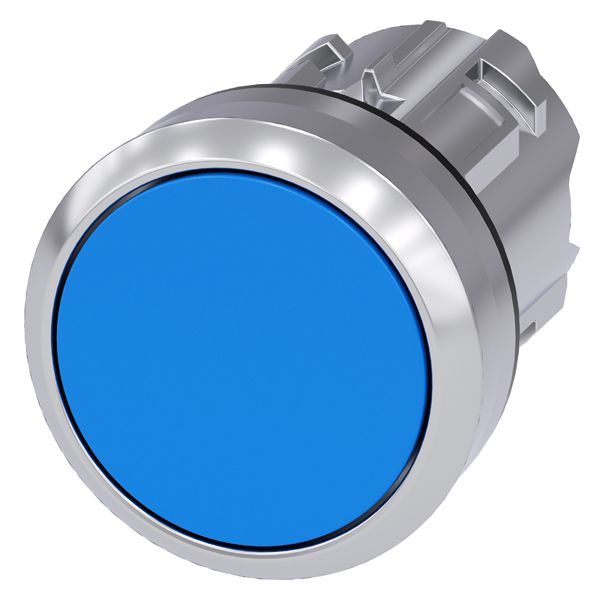 Pushbutton, 22mm, round, metal, shiny, blue, flat button, latching, push to unlatch