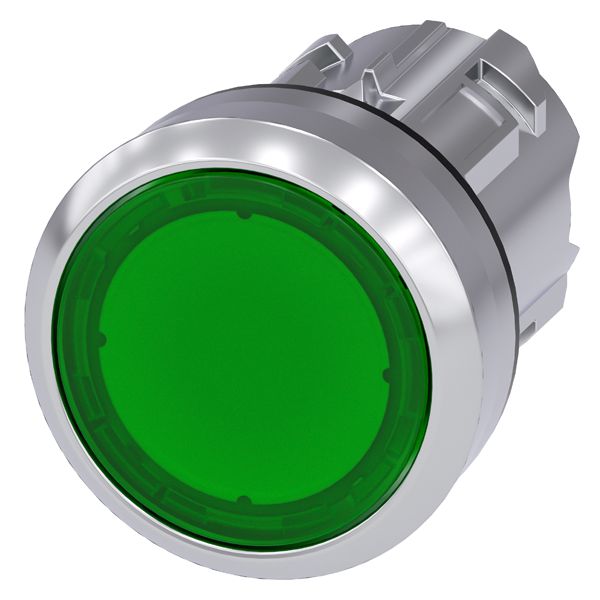 Illuminated pushbutton, 22mm, round, metal, shiny, green, flat button, momentary contact type