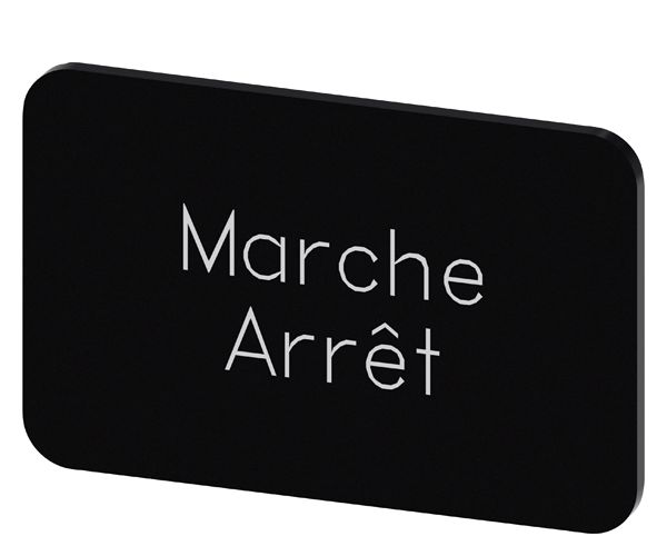 LABELING PLATE SNAP-ON OR SELF-ADHESIVE FOR LABEL HOLDER, LABEL SIZE 17.5 X 27MM, LABEL BLACK, LETTERING WHITE, WITH INSCRIPTION ARRET-MARCHE