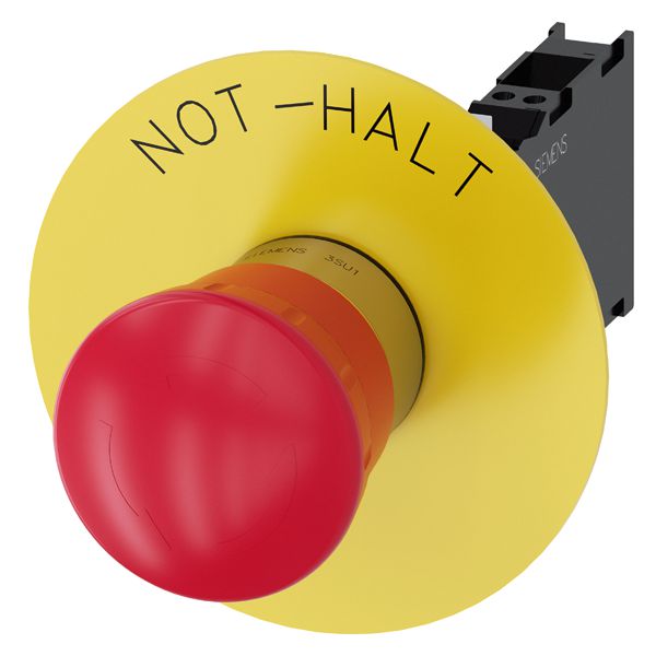 Em. stop mushroom pushbutton. 22mm. round. metal. shiny. red. 40mm. latching. rotate to unlatch. with yellow backing plate. inscription not-halt. with holder. 1NO+1NC. spring-type terminal
