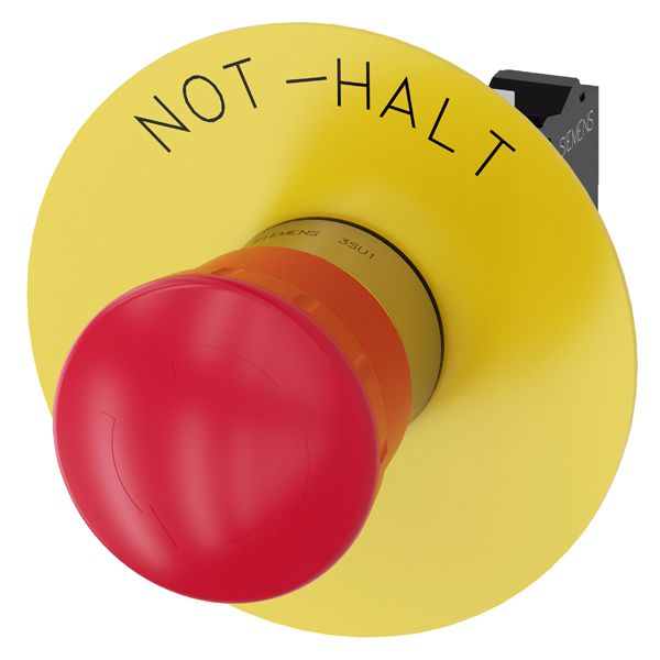 Em. stop mushroom pushbutton, 22mm, round, metal, shiny, red, 40mm, latching, rotate to unlatch, with yellow backing plate, inscription not-halt, with holder, 1NC, 1NC, spring-type terminal