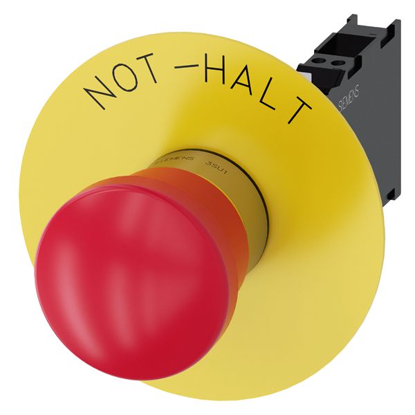 EM. STOP MUSHROOM PUSHBUTTON. 22MM. ROUND. METAL. SHINY. RED. 40MM. LATCHING. PULL TO UNLATCH. WITH YELLOW BACKING PLATE. INSCRIPTION NOT-HALT. WITH HOLDER. 1NO+1NC. SPRING-TYPE TERMINAL