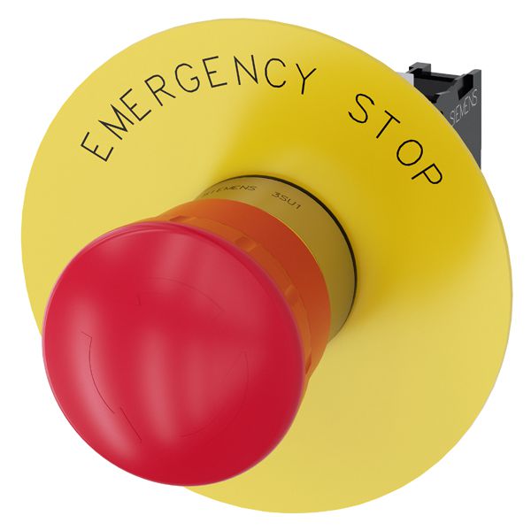 Em. stop mushroom pushbutton, 22mm, round, metal, shiny, red, 40mm, latching, rotate to unlatch, with yellow backing plate, inscription emergency stop, with holder, 1NC, screw terminal