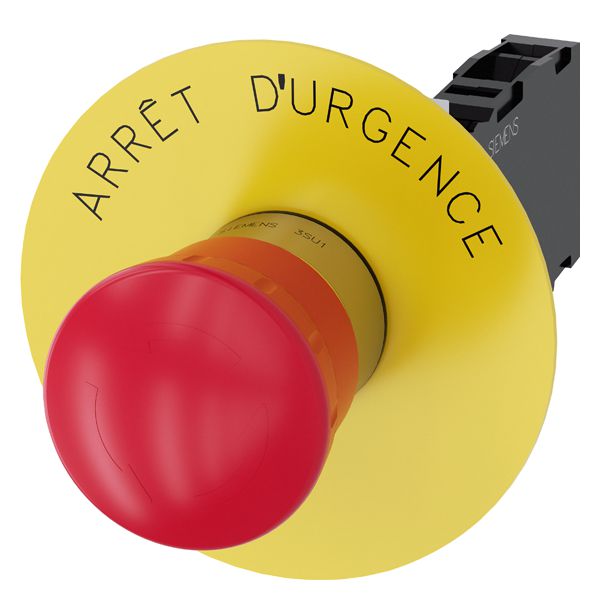 EM. STOP MUSHROOM PUSHBUTTON. 22MM. ROUND. METAL. SHINY. RED. 40MM. LATCHING. ROTATE TO UNLATCH. WITH YELLOW BACKING PLATE. INSCRIPTION ARRET D URGENCE. WITH HOLDER. 1NO+1NC. SCREW TERMINAL