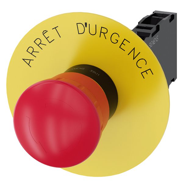 EM. STOP MUSHROOM PUSHBUTTON. 22MM. ROUND. PLASTIC. RED. 40MM. LATCHING. POSITIVE LATCHING. ROTATE TO UNLATCH. WITH YELLOW BACKING PLATE. INSCRIPTION ARRET D URGENCE. WITH HOLDER. 1NO+1NC. SCREW TERMINAL