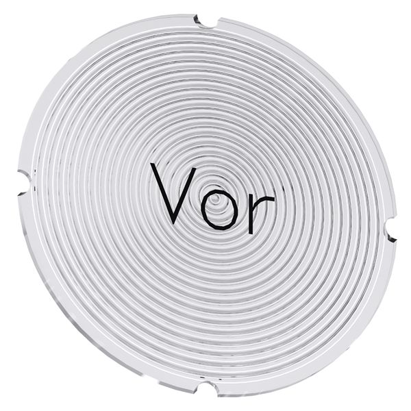 INSERT LABEL FOR ILLUMINATED PUSHBUTTON, ROUND, MILKY WITH BLACK LETTERING, WITH INSCRIPTION VOR