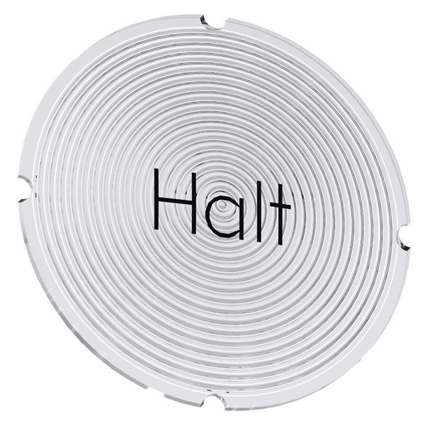 INSERT LABEL FOR ILLUMINATED PUSHBUTTON, ROUND, MILKY WITH BLACK LETTERING, WITH INSCRIPTION HALT