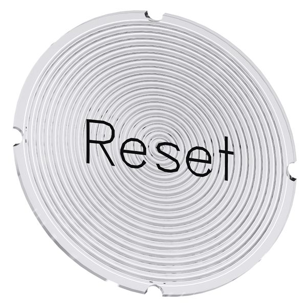 Insert label for illuminated pushbutton, round, milky with black lettering, with inscription reset