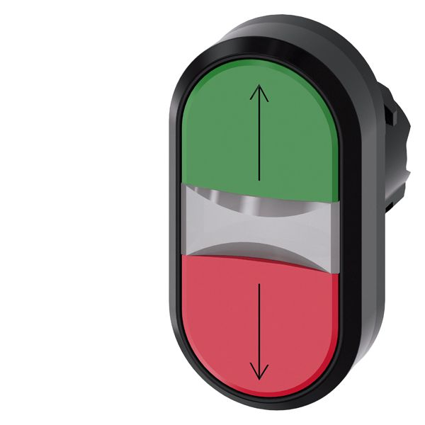 ILLUMINATED TWIN PUSHBUTTON, 22MM, ROUND, PLASTIC, GREEN ARROW UP, RED ARROW DOWN, FLAT BUTTONS