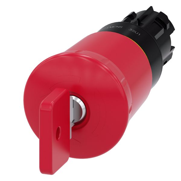 Em. stop mushroom pushbutton, 22mm, round, plastic, red, 40mm, with o.m.r. lock, lock no. 73037, positive latching, key-operated release