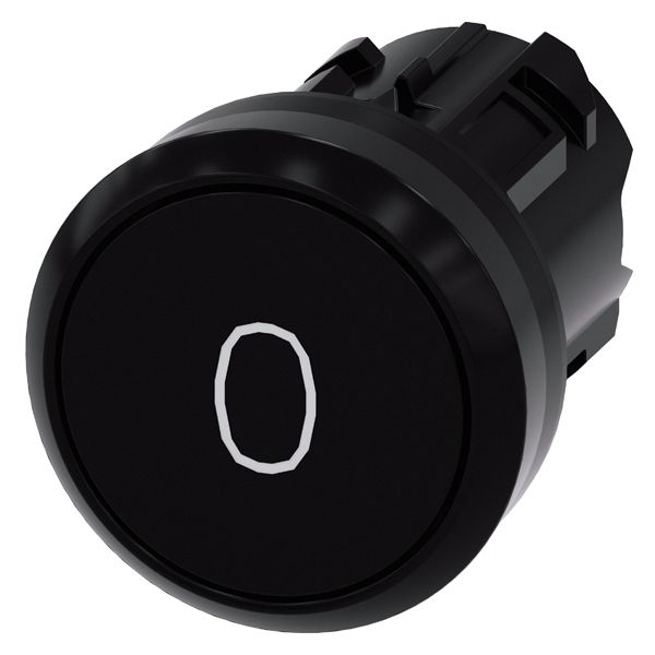 PUSHBUTTON, 22MM, ROUND, PLASTIC, BLACK, INSCRIPTION O, FLAT BUTTON, MOMENTARY CONTACT TYPE