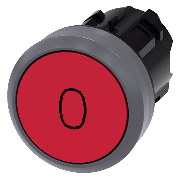 Pushbutton, 22mm, round, plastic with metal front ring, red, inscription o, flat button momentary contact type