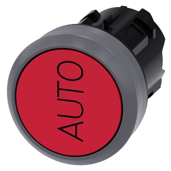 PUSHBUTTON, 22MM, ROUND, PLASTIC WITH METAL FRONT RING, RED, INSCRIPTION AUTO, ROTATED BY 90 DEG., FLAT BUTTON MOMENTARY CONTACT TYPE