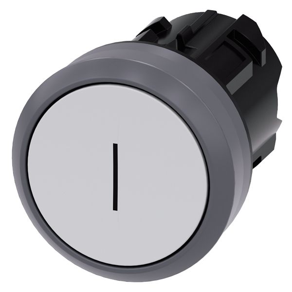 PUSHBUTTON, 22MM, ROUND, PLASTIC WITH METAL FRONT RING, WHITE, INSCRIPTION I, FLAT BUTTON MOMENTARY CONTACT TYPE