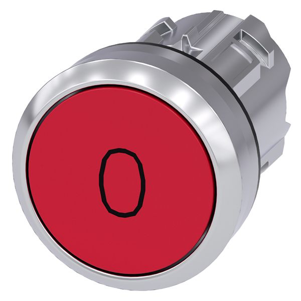 Pushbutton, 22mm, round, metal, shiny, red, inscription o, flat button momentary contact type