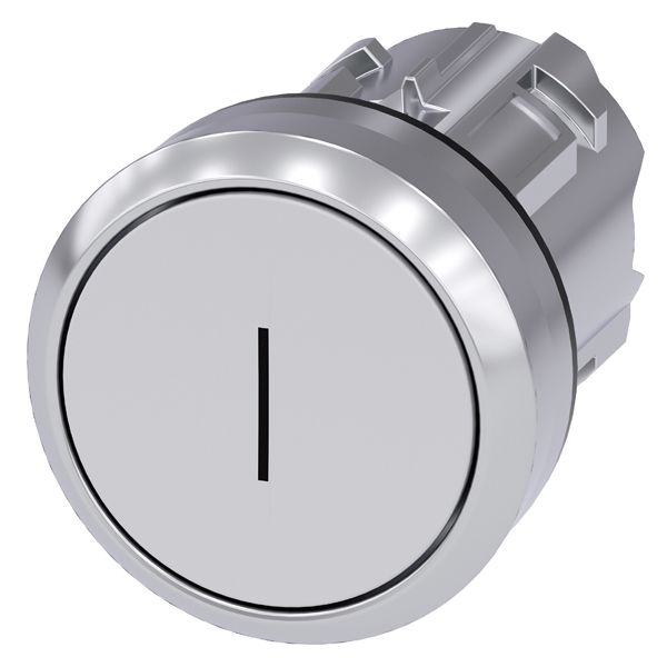 PUSHBUTTON, 22MM, ROUND, METAL, SHINY, WHITE, INSCRIPTION I, FLAT BUTTON MOMENTARY CONTACT TYPE
