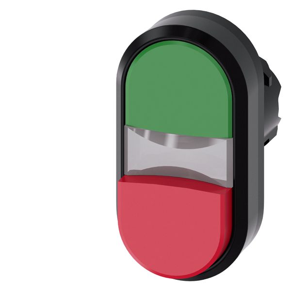 Illuminated twin pushbutton, 22mm, round, plastic, green, red, flat and raised buttons