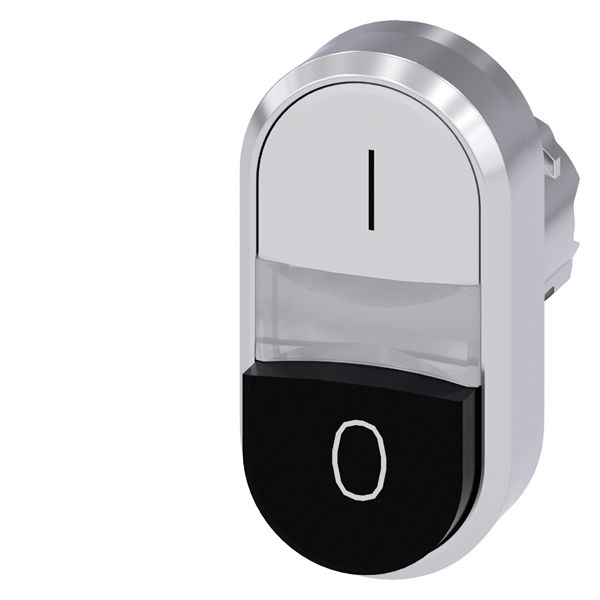 ILLUMINATED TWIN PUSHBUTTON, 22MM, ROUND, METAL, SHINY, WHITE I, BLACK O, FLAT AND RAISED BUTTONS
