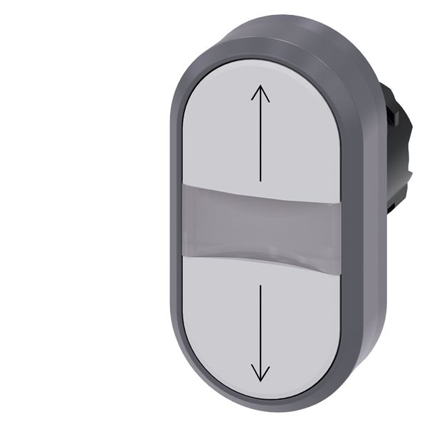 Twin pushbutton, 22mm, round, plastic with metal front ring, white arrow up, white arrow down, flat buttons
