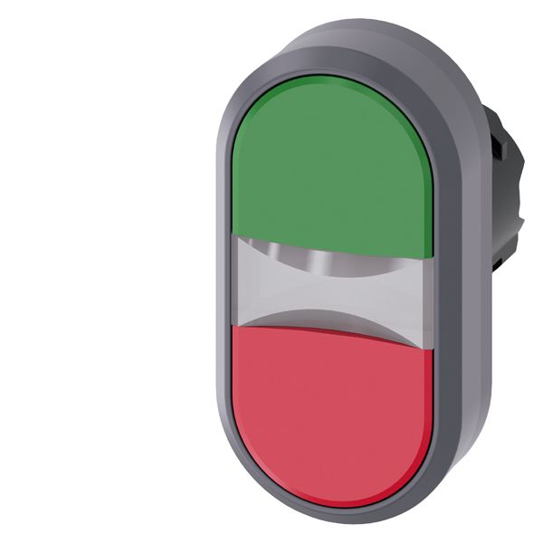 Illuminated twin pushbutton, 22mm, round, plastic with metal front ring, green,red, flat buttons