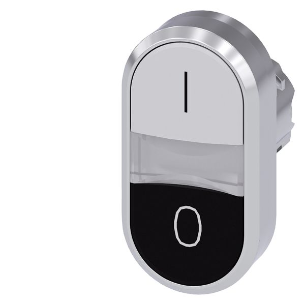 ILLUMINATED TWIN PUSHBUTTON, 22MM, ROUND, METAL, SHINY, WHITE I, BLACK O, FLAT BUTTONS