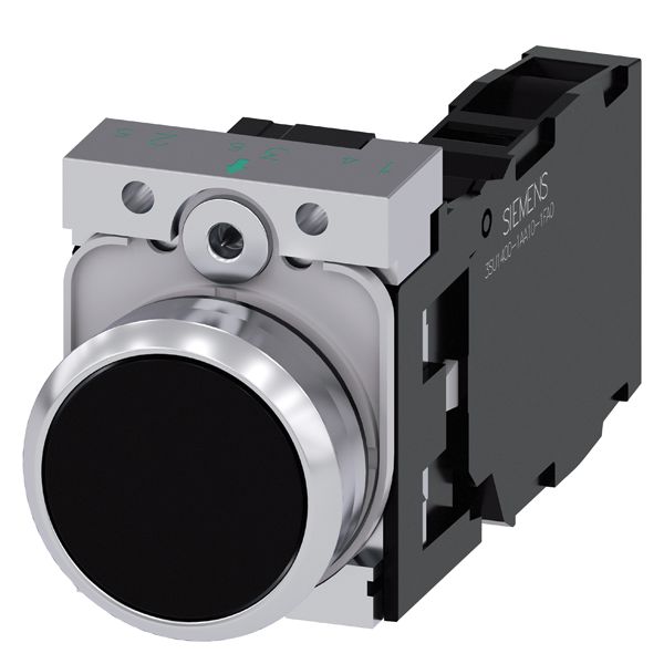 Pushbutton. 22mm. round. metal. shiny. black. flat button. momentary contact type. with holder. 1NO+1NC. screw terminal