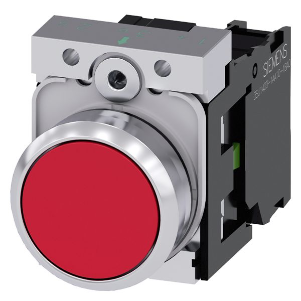 Pushbutton, 22mm, round, metal, shiny, red, flat button, momentary contact type, with holder, 1NO, screw terminal