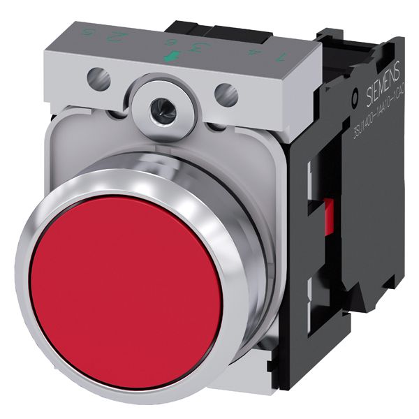 Pushbutton, 22mm, round, metal, shiny, red, flat button, momentary contact type, with holder, 1NC, screw terminal
