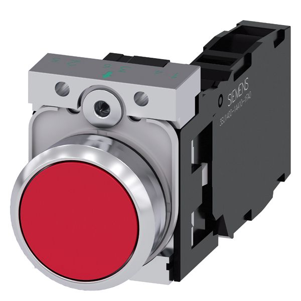 Pushbutton. 22mm. round. metal. shiny. red. flat button. momentary contact type. with holder. 1NO+1NC. screw terminal