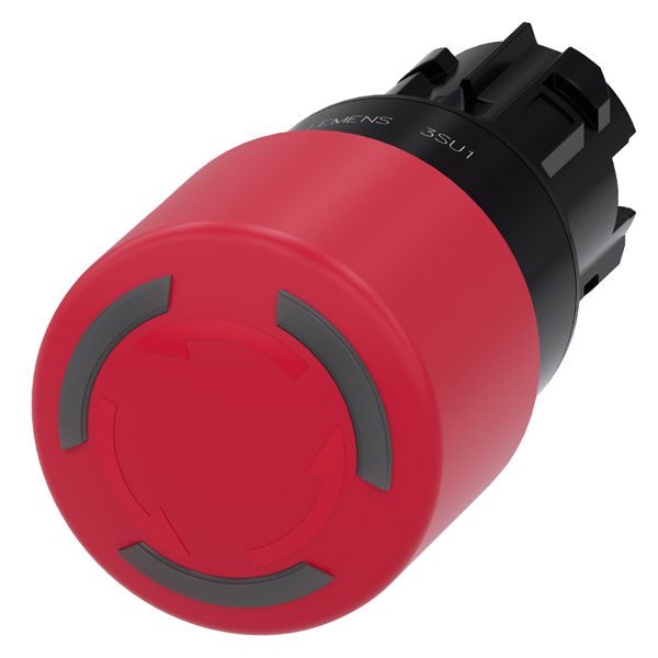 Ill. em. stop mushr. pushb., 22mm, round, plastic, red, 30mm, positive latching, rotate to unlatch