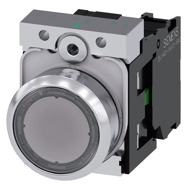 Pushbutton, 22mm, round, metal, shiny, clear, flat button, momentary contact type, with holder, 1NO, screw terminal