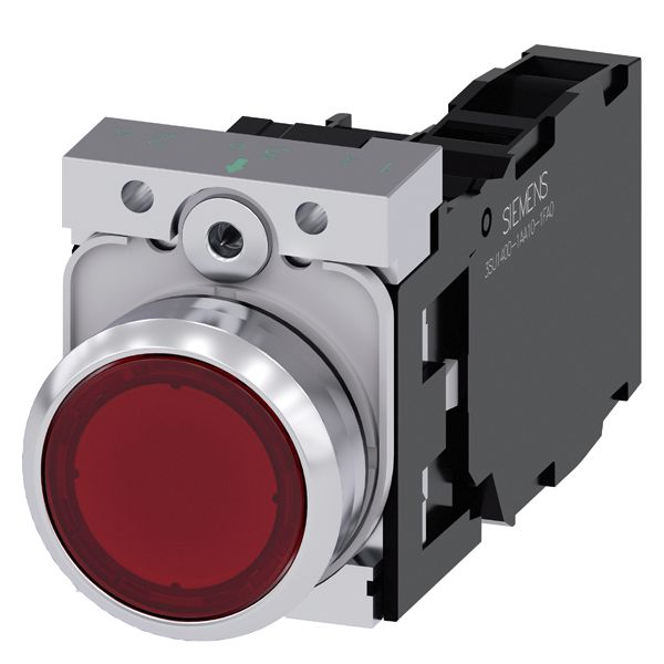 Illuminated pushbutton. 22mm. round. metal. shiny. red. flat button. momentary contact type. with holder. 1NO+1NC. led module. with integrated led 24V AC/DC. screw terminal